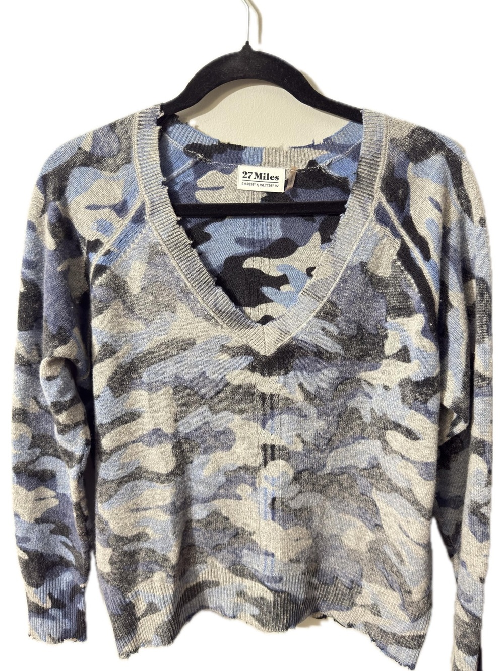 27 Miles Cashmere Blue Camo V-Neck Sweater